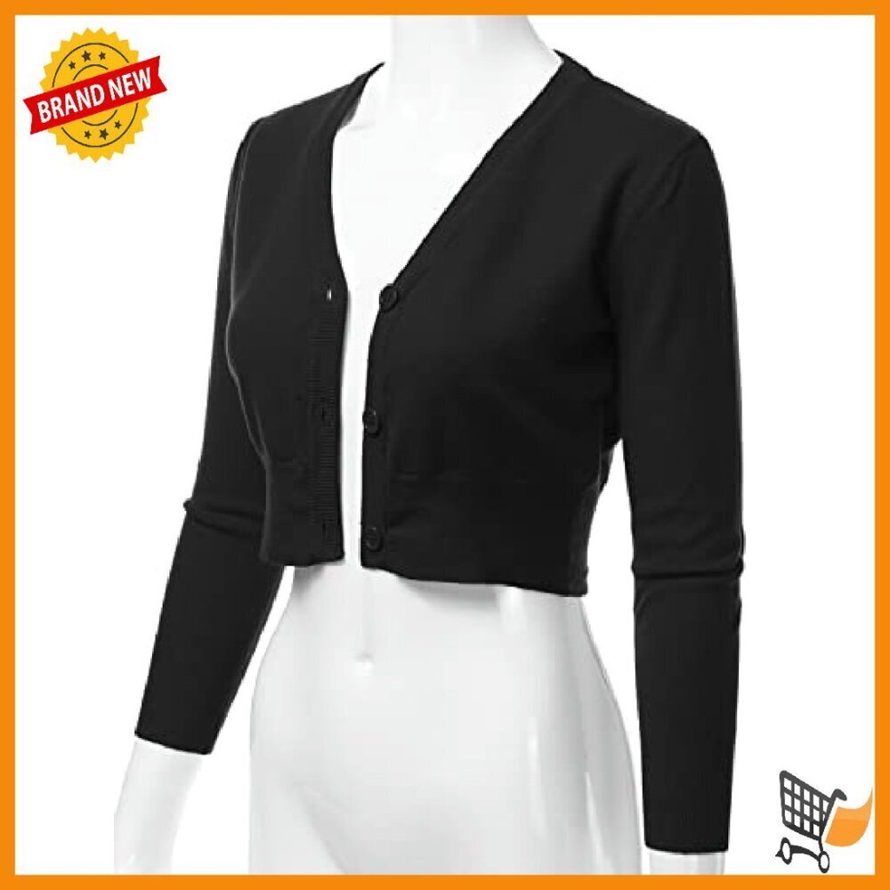Soft 3/4 Sleeve Cropped V-Neck Cardigan Sweater - Viscose Blend - Picture 3 of 8